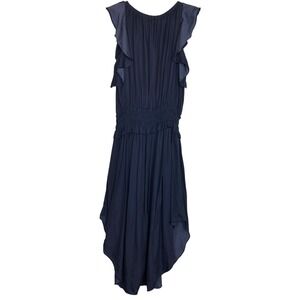 Navy Blue Ruffled Midi Dress Medium Boho Sexy Western Classic Feminine Office